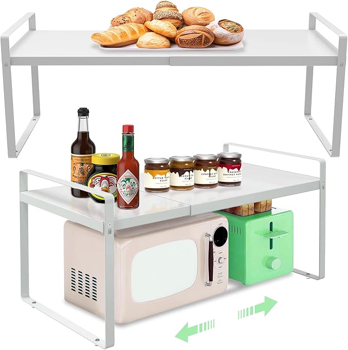 Cabinet Shelves Organizer for Kitchen 11", Expandable Shelf with Adjustable Length, Metal Countertop Organizer, Fits Pantry, Over the Sink, Spices, Microwave & Dishes Storage, White (2 Pack)-NeatNest