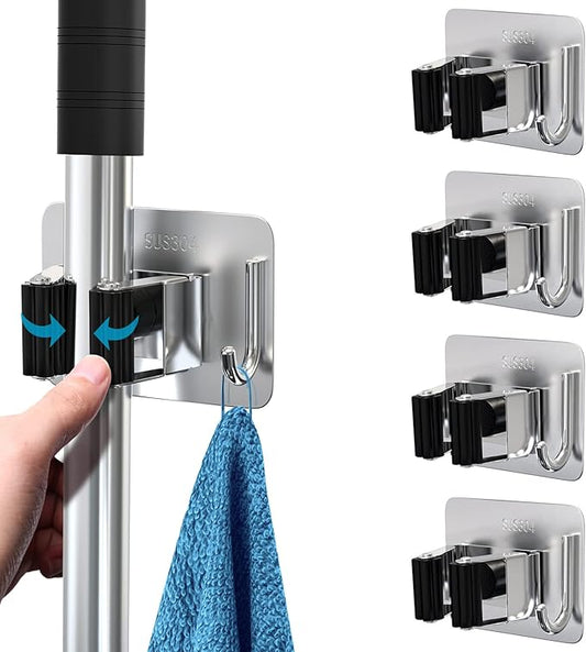 Mop Broom Holder No Drill, Mop Broom Organizer Wall Mounted Heavy Duty with Hooks Hanger, Self Adhesive Stainless Steel 4Pcs for Bathroom, Kitchen, Office (Silver)-NeatNest