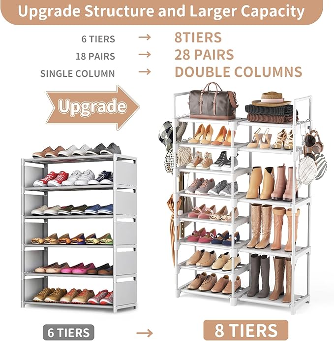 ROJASOP White Shoe Rack, Tall Metal Shoe Rack Organizer for Entryway Closet Garage, 8 Tier Large Shoe Shelf for 26-32 Pairs Boots & Shoes Storage, Space Saving Heavy Duty Shoe Stand-NeatNest
