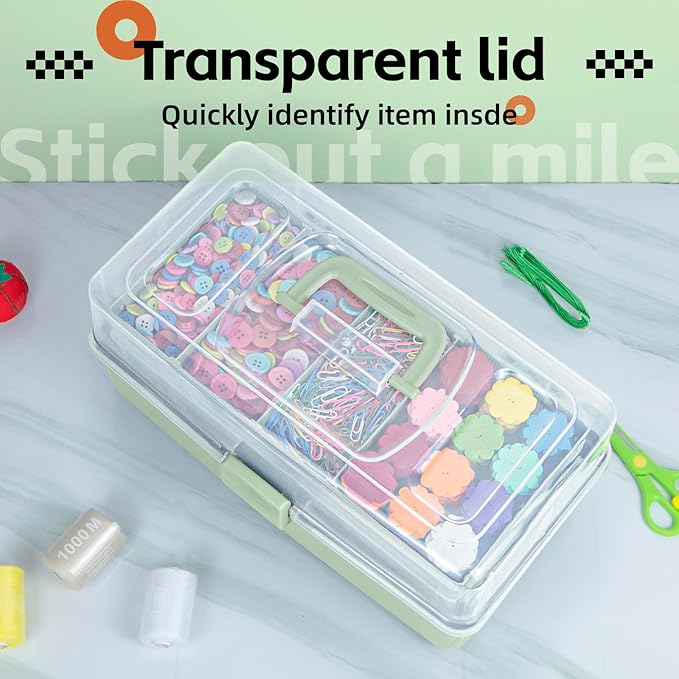 14in 3-Layer Multipurpose Craft Organizers and Storage with Adjustable Dividers, Portable Tackle Box, Folding Art & Craft Case for Medicine, Tool, Sewing Organizer (Haze Green, X-Large)