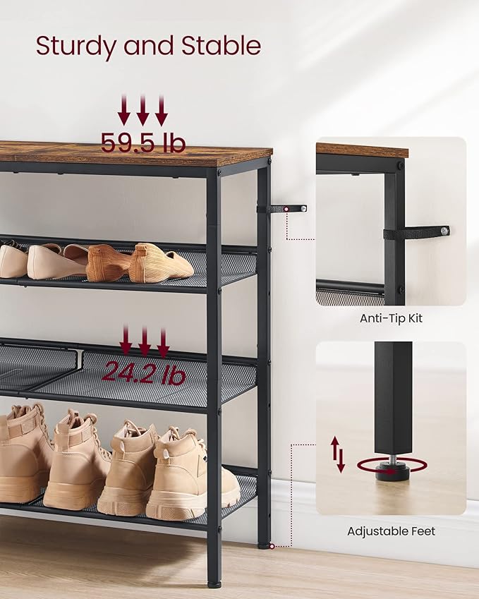 VASAGLE Shoe Rack for Entryway, 4-Tier Shoe Rack Organizer with Storage Shelves and Spacious Top, Freestanding, Adjustable, Industrial, Rustic Brown and Ink Black ULBS040B01-NeatNest