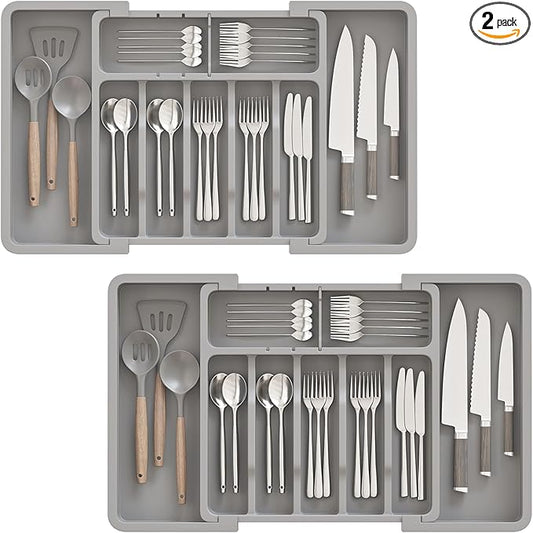 2 Pack Silverware Organizer, Expandable and Adjustable Kitchen Utensil Drawer Organizer, Plastic Cutlery Holder with Multiple Compartments,Cutlery Holder,for Spoons Forks Knives,Grey,UAFD012G-NeatNest