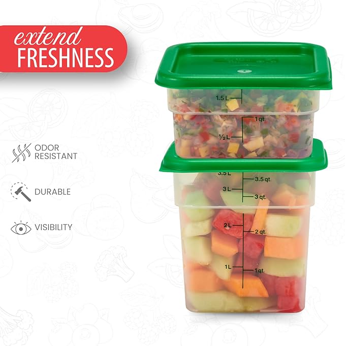 Cambro Food Storage Container with Lid (Microwave Safe and BPA-Free) - 2 Pack - Classic Series Square with Green Lid - 2 and 4 QT (Quart) - Commercial Grade for Food Prep (Translucent)-NeatNest