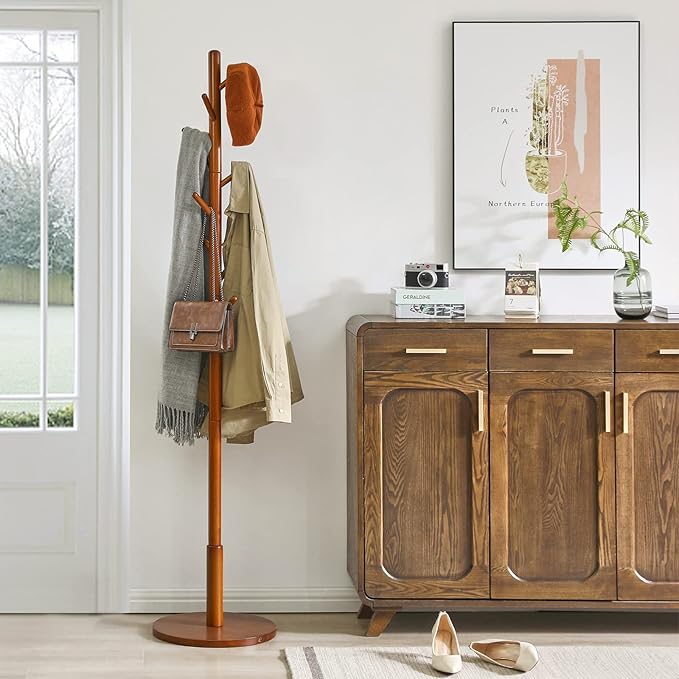 IBUYKE Coat Rack Stand, Freestanding Coat Tree with Solid Round Base and 8 Hooks, Easy Assembly Wooden Coat Hanger, Clothes Rack for Hallway Entryway, Living Room, Bedroom, Office, Brown WD-113-NeatNest