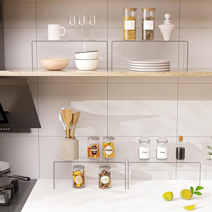 4 Packs Cabinet Organizer Shelf, Acrylic Kitchen Counter Shelves Organizer, Spice Rack for Dishes, Spices, Soda Cans and Bottles（12.4 x 4 x 4.6 inch）-NeatNest