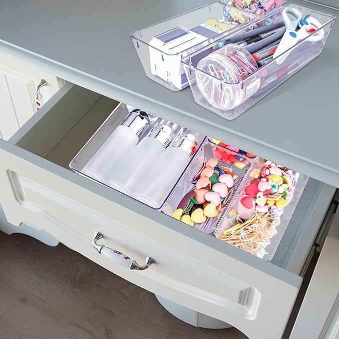 4 PCS Clear Plastic Drawer Organizer, Desk Drawer Divider Organizers and Storage Bins for Makeup, Jewelry, Gadgets for Kitchen, Bedroom, Bathroom, Office (9.0"x3.0"x2.2")-NeatNest