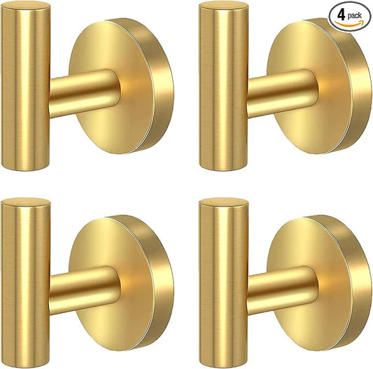 Kruodop Towel Hooks for Bathroom,4 Packs Wall Mount Towel Holder,Black Matte Wall Robe Hook,Stainless Steel Heavy Duty Door Hanger Towel Hook for Kitchen, Bedroom,Hotel,Pool,Coats - Gold