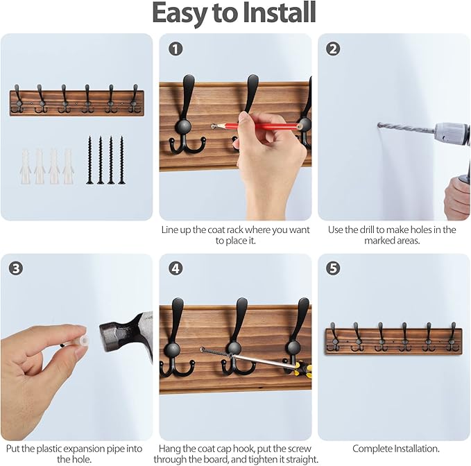 Coat Rack Wall Mount, Wooden Heavy Duty Coat Rack for Wall,6 Triple Coat Hanger Hooks for Hanging Coats,Jacket,Hat,Clothes (Brown, 6 Hooks)-NeatNest
