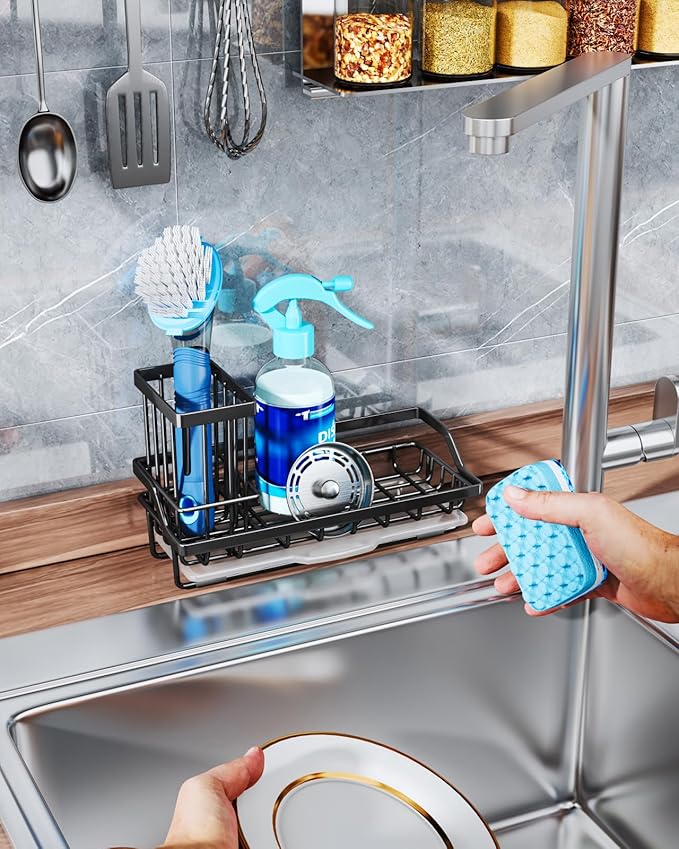 Consumest Sponge Holder for Kitchen Sink - Kitchen Sink Caddy Organizer with Removable Drip Tray for Countertop Dish Soap Dispenser Brush Storage Accessories 304 Stainless Steel - Black-NeatNest