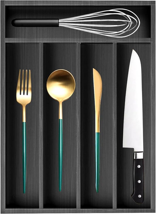 Ayiaren Small Wooden Silverware Organizer Kitchen Utensil Drawer Organizers Narrow Cutlery Tray Black Wood Flatware Organizer for Drawers Spoon and Fork Organizers Bamboo Utensil Holder Drawer Tray-NeatNest