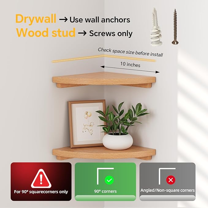 Floating Corner Shelves Oak 10", Solid Oak Wall Mounted Wooden Display Storage Rack with Wire Hole for Plants, Photos, Speakers, Bedroom, Kitchen, Living Room Décor - 1-Pack-NeatNest