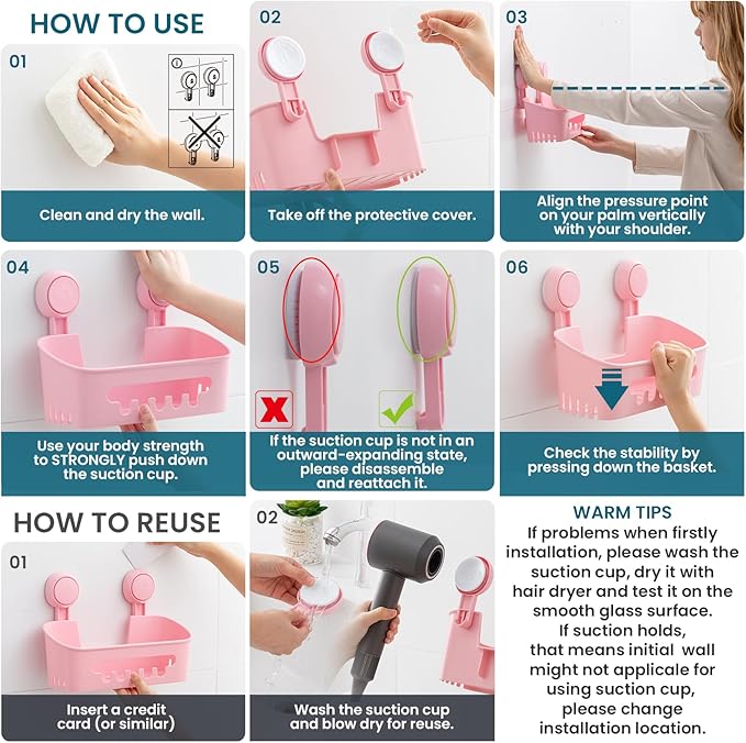TAILI Shower Caddy Suction Cup, Heavy Duty Bathroom Organizer, Removable Shelves for Inside Shower, Shampoo, Waterproof Suction Plastic Storage for Bathroom Accessories Holder, Pink