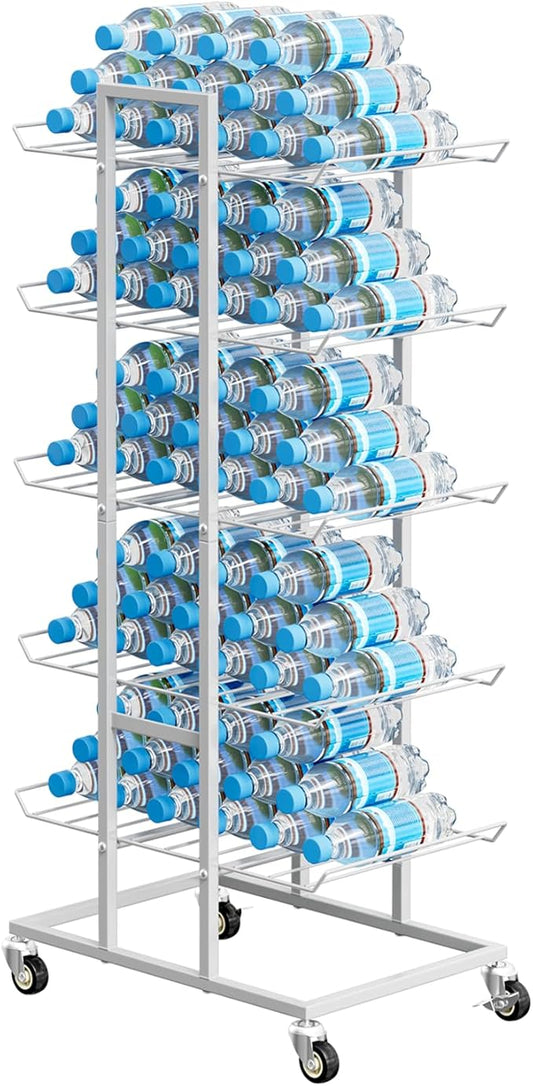 5 Tier Water Bottle Organizer with Wheels Bottled Water Storage Rack 16.9 oz Water Bottle Holder Metal Soda Can Organizer for Kitchen, Office, Pantry Room, Silver-NeatNest