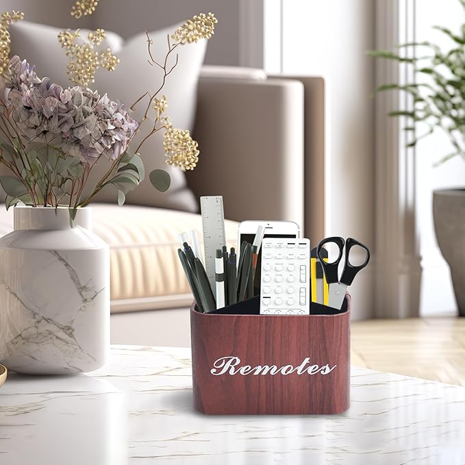 Hennaja Square Leather Art Supply Organizer,Remote Control Holder with Removable Dividers,360°Rotatable Pencil Holders,4 Compartments Organizer for Office Supplies Storage Box(1-Light Brown)-NeatNest