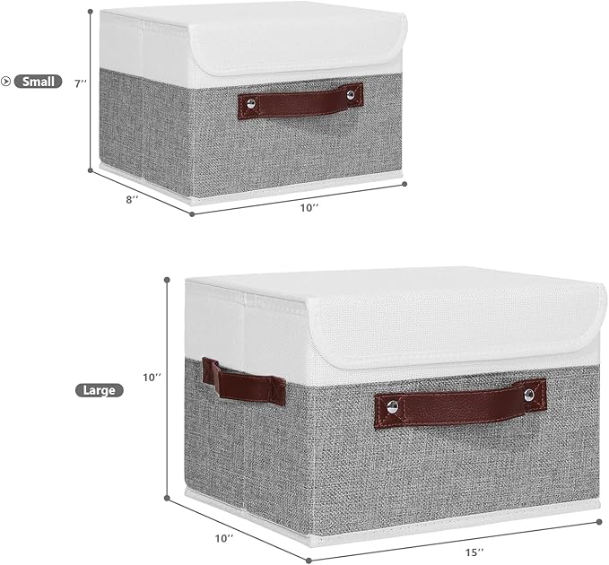 ANMINY Storage Boxes with Lids Washable Decorative Storage Bins Basket with PU Leather Handle Foldable Linen Fabric Storage Cubes Containers for Home Closet Organizer - Gray White, Small Size-NeatNest