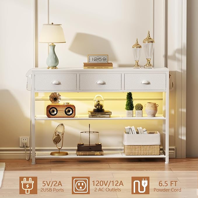 Furologee 38in Console Table with 3 Drawers, Small Sofa Table with Lights and Power Outlets, Hallway Tables with 3-Tier Shelves, White Narrow Console Table for Entryway, Living Room, Couch, Foyer-NeatNest