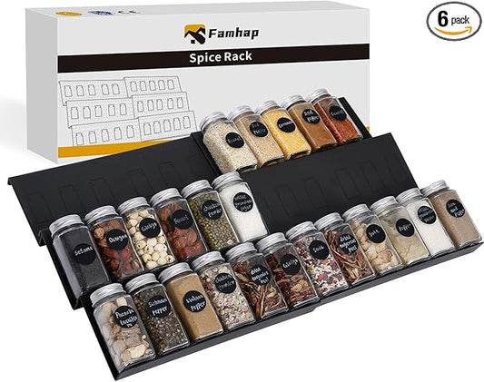 Famhap Spice Drawer Organizer, 6 Pack Drawer Seasoning Organizer Expandable from 11.6" to 23.2" Seasoning Rack Tray Insert for Kitchen Drawers, Spice Rack Tray for Drawer/Countertop (Black)-NeatNest
