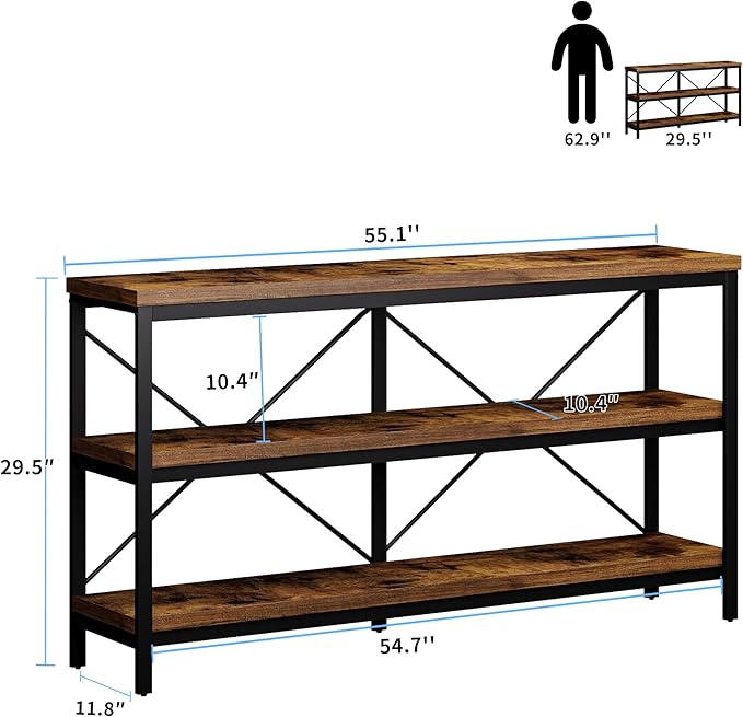 3-Tier Console Table, 55.1" Entryway Table with Metal Frame and Open Shelves, Modern Behind Couch Sofa Table for Living Room, Hallway, Foyer, Entrance, Industrial, Bookshelf, Rustic Brown-NeatNest
