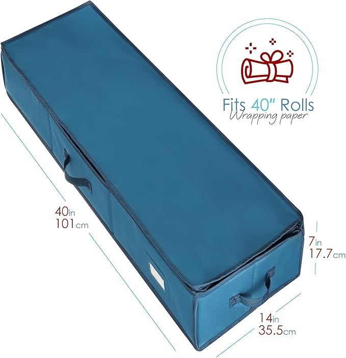 Hearth & Harbor Wrapping Paper Storage Container - Christmas Storage Bag with Ribbon Dispenser and Interior Pockets - Gift Wrap Organizer Fits Up to 26 Rolls of 40" Length, Blue-NeatNest