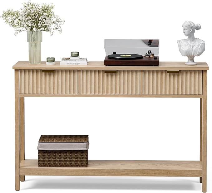 Console Table with Storage, Boho Entryway Table with 3 Fluted Drawers and Shelf, Sofa Table for Living Room, Entryway, Hallway, Natural-NeatNest