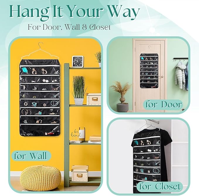 Flexzion Hanging Jewelry Organizer with Zippered Pockets - (1 Pack) Black Closet Jewelry Organizer Storage with Hanger, 56 Pockets Dual Sided Earring Organizer Hanging for Bracelets, Watches, Ring-NeatNest
