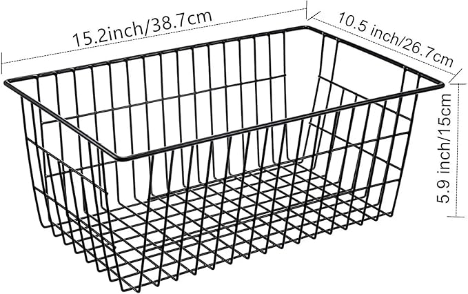 15.2" Metal Wire Baskets for Organizing 6 Pack, Household Pantry Storage Freezer Organizer Bins with Handles, Freezer Baskets for Upright Freezer, Refrigerators, Kitchen Cabinets, Black