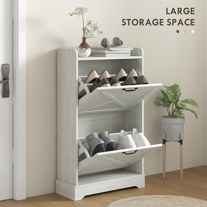 HOMCOM Slim Shoe Cabinet for Entryway, Farmhouse Hidden Shoe Storage Cabinet with 2 Flip Drawers and Adjustable Shelves for 8 Pairs of Shoes, Distressed White