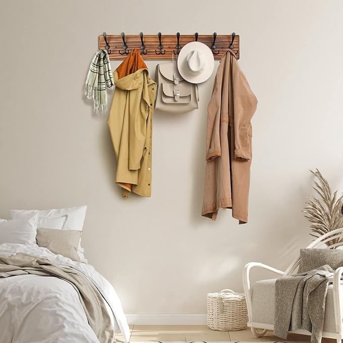 Coat Rack Wall Mount, Wooden Heavy Duty Coat Rack for Wall,8 Triple Coat Hanger Hooks for Hanging Coats,Jacket,Hat,Clothes (Brown, 8 Hooks)-NeatNest
