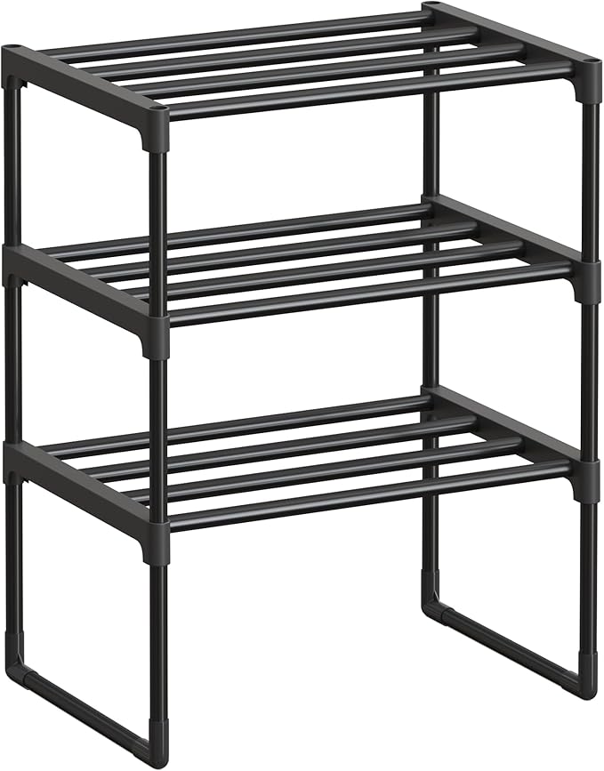 SONGMICS Shoe Rack, 3-Tier Shoe Organizer, Metal Storage Shelf, Upright or Upside Down, for 4-8 Pairs, Stackable, for Entryway, 11.8 x 16.7 x 21.5 Inches, Black ULSA003B01-NeatNest