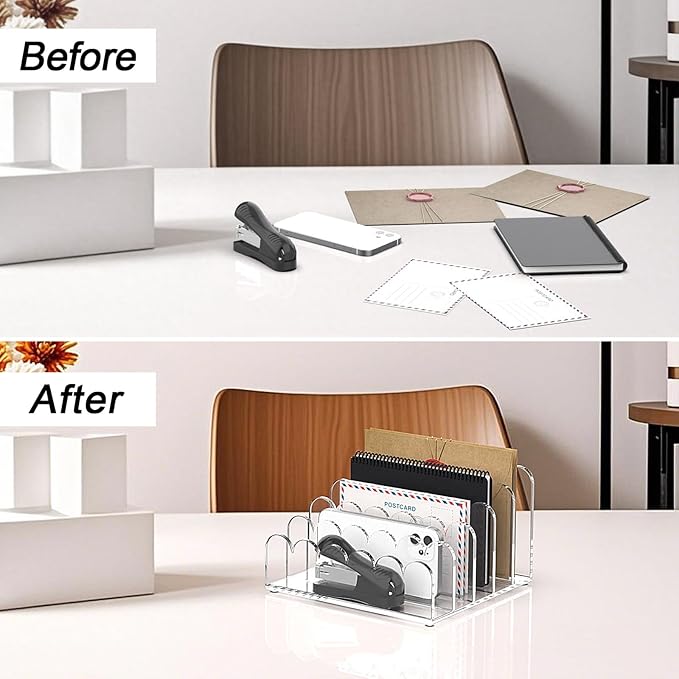 YAGELI 2 Pack 5-Slot Acrylic Mail Organizer for Desktop – Scalloped Clear Document Sorter, Vertical File Holder for Office/Home, Space-Saving Desk Organizer for Letters,Envelope,Bills,Stationery