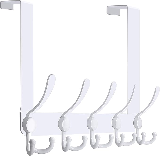 WEBI Over The Door Hooks Door Hanger Hook Rack with 5 Tri Hooks for Hanging,Over The Door Towel Rack Towel Hanger Door Coat Hanger Over Door Coat Rack Behind Back of Bathroom,White