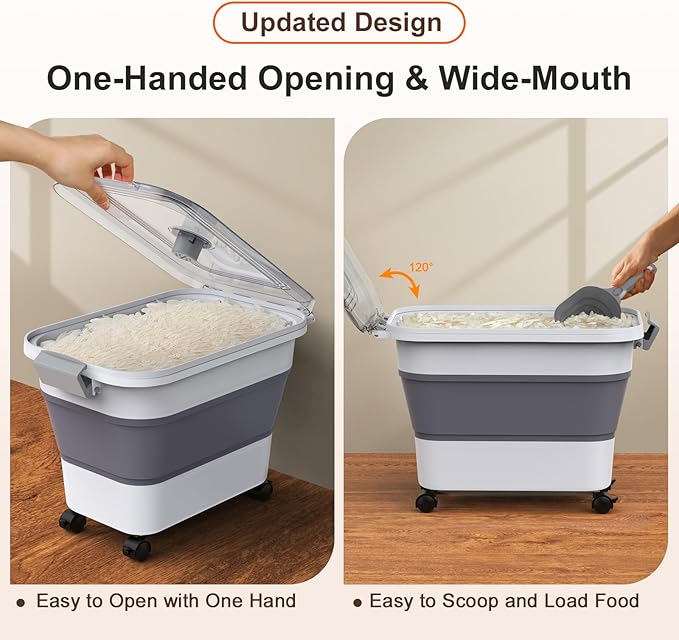 Rice Storage Container, Collapsible Airtight Food Storage Containers 20-30lbs with Clear Lid and Wheels, Rice Dispenser with Scoop for Flour Cereal Pasta Grain, Cat Pet Bird Dog Food Storage Container