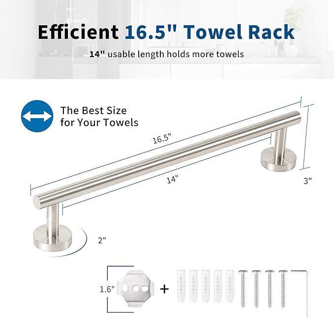 Brushed Nickel Towel Bar, 14 Inch Towel Racks for Bathroom Wall Mounted, Thicken SUS304 Stainless Steel Heavy Duty Hand Towel Holder Organizer, Bathroom Accessories, Total Length 16.5 Inch-NeatNest
