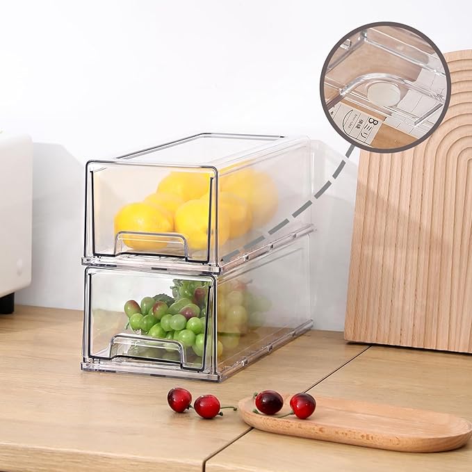 PeJeyiee 2 Pack Clear Stackable Refrigerator Organizers and Storage Drawers - Pull-Out Fridge Bins with Anti-Slip Base & Easy Clean, Plastic Organizers for Kitchen Pantry Cabinet Closet (Medium)-NeatNest