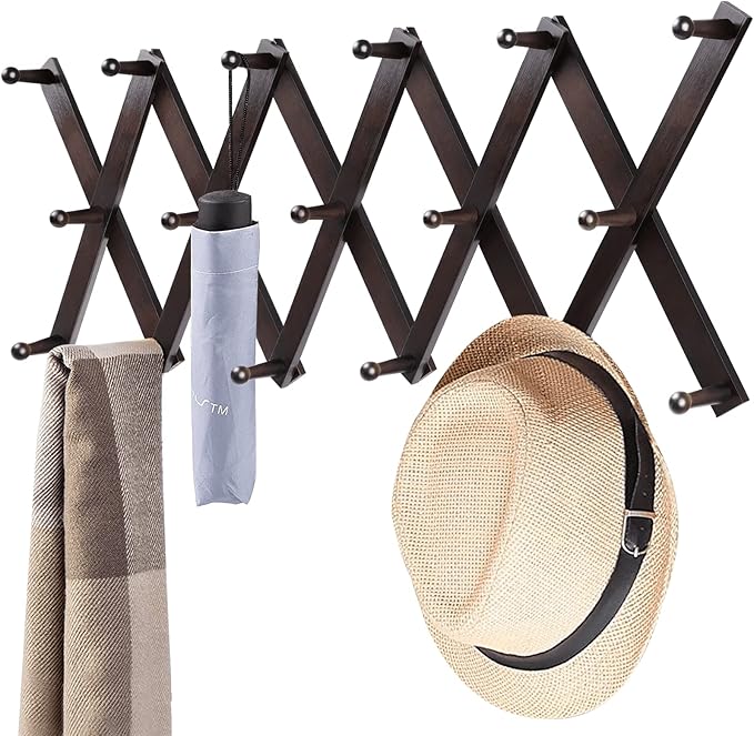 Homode Accordion Wall Hanger, Hat Hangers Wall Mounted, Wood Accordian Coat Rack with 17 Hooks, Expandable Peg Rack Wall Organizer for Hanging Baseball Caps, Hats, Purse, Coffee Cup, Bag, Walnut-NeatNest