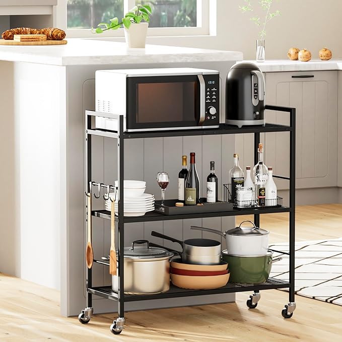 3-Tier Metal Storage Rack with Industrial Wheels,Mesh Shelving Unit with Wooden Table top,Adjustable Shelf,31.5-Inch Width, for Kitchen, Laundry,Pantry,Plant,Black panel and black frame