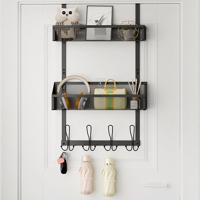 Over The Door Hooks Organizer, Over The Door Towel Rack Back of Door Storage Organizer with 12 Hooks & 2 Mesh Baskets Door Hanger Organizer for Bathroom,Kitchen,Bedroom(Black)
