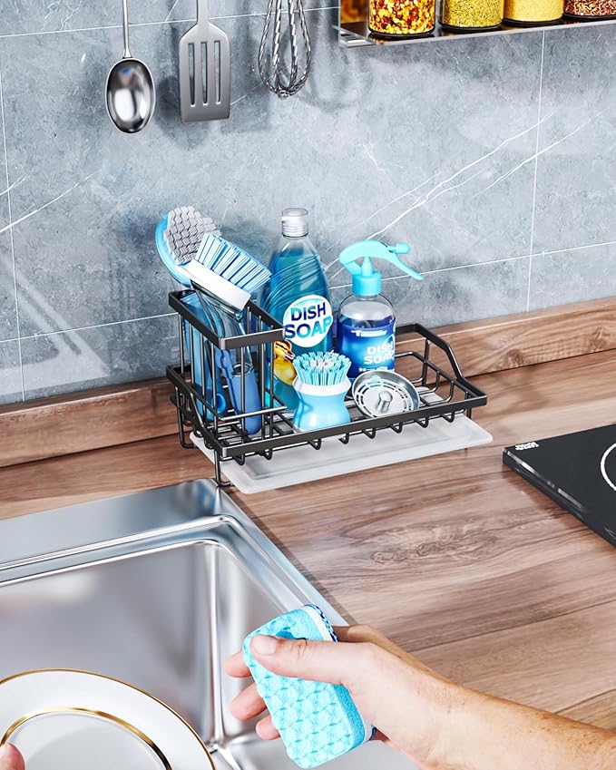 Consumest Sink Caddy, Kitchen Sponge Holder with Dish Brush Holder, Kitchen Sink Organizer with Drip Tray for Countertop Stainless Steel Rustproof, Black-Large-NeatNest