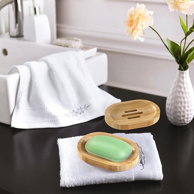 AmazerBath Bamboo Soap Holder, Bamboo Soap Dish, 2 Pack Soap Dishes for Bar Soap, Soap Tray Self Draining, Oval Soap Saver for Shower, Bathroom, Kitchen-NeatNest