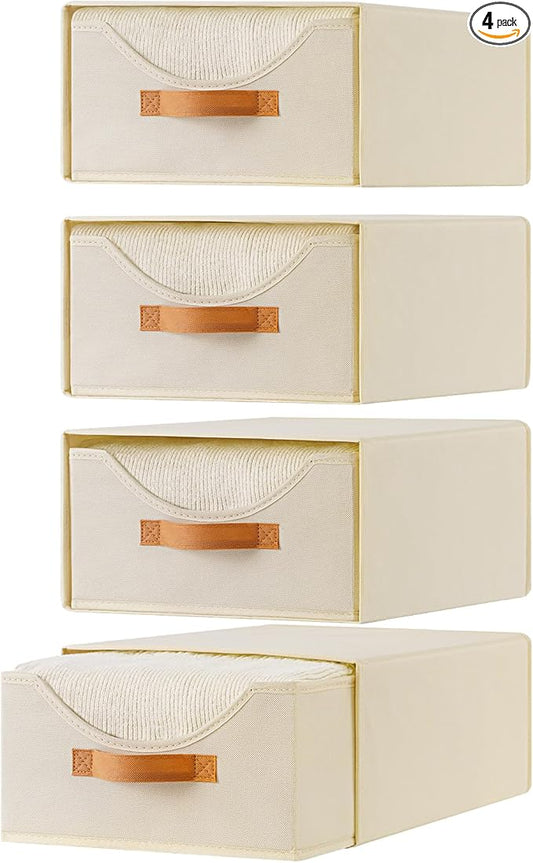4 Pcs Closet Drawers and Large Size Clothes Storage Bins Push-Out Storage Stackable Shelf Drawers with See-Through Window Closet Organizers for Bedroom, Living Room, Under Bed, Beige-NeatNest