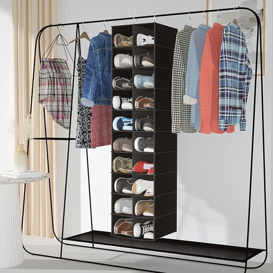 coastal rose Hanging Shoe Organizer for Closet, 20 Sections Hanging Closet Organizers and Storage Shelves, Space Saving Hanging Shoe Rack, Black, 12''W×12''Dx 50''H-NeatNest