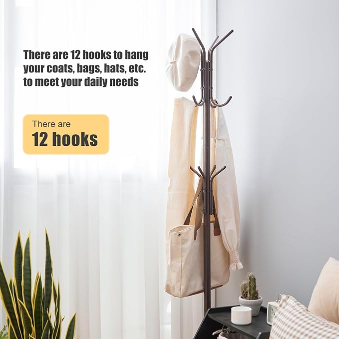 Coat Rack Freestanding,hat and coat rack stand for entryway,Living Room,Bedroom,Metal coat tree with12 Hooks and 3 Legs (Brown)-NeatNest