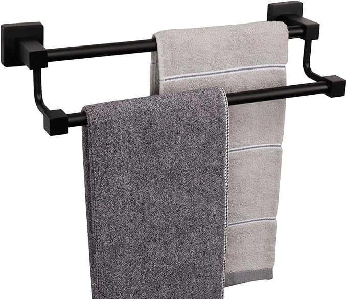 TocTen Double Bath Towel Bar - Thicken SUS304 Stainless Steel Towel Rack for Bathroom, Bathroom Accessories Double Towel Rod Heavy Duty Wall Mounted Square Towel Holder (Matte Black,16 INCH)