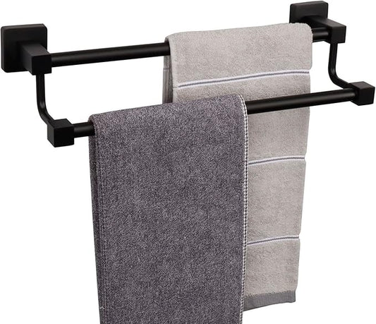 TocTen Double Bath Towel Bar - Thicken SUS304 Stainless Steel Towel Rack for Bathroom, Bathroom Accessories Double Towel Rod Heavy Duty Wall Mounted Square Towel Holder (Matte Black,16 INCH)