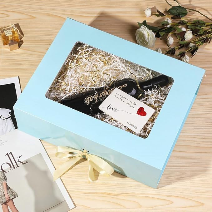 Blue Extra Large Gift Box for Presents with Ribbon 16.5x13x5.3 Inches Clear Gift Box with Window Magnetic Closure Gift Boxes with Lids-NeatNest