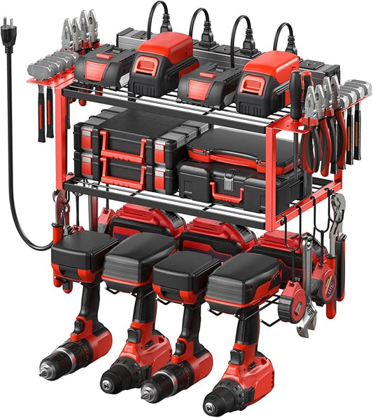 JUNNUJ Tool Organizer with Charging Station, 3 Layers Wall Mount Garage Tools Storage with 8 Outlets Power Strip, 4 Drills Holder Battery Heavy Duty Metal Shelf, Utility Rack with Hooks, Red