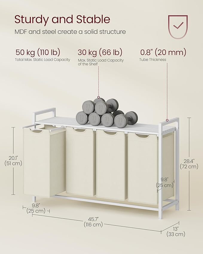 VASAGLE Laundry Hamper, Laundry Basket, Laundry Sorter with 4 Pull-Out and Removable Bags, Shelf, Metal Frame, 4 x 10.6 Gallons (40 L), 45.7 x 13 x 28.4 Inches, Cream White and Cloud White UBLH401W01-NeatNest