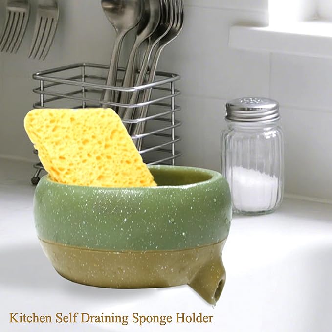Self Draining Soap Dish and Soap Holder with Drain Spout for Sink, Shower, Bathroom, and Kitchen - Compact Resin Sponge Holder and Organizer, Keep Dry and Easy Cleaning Design, Green
