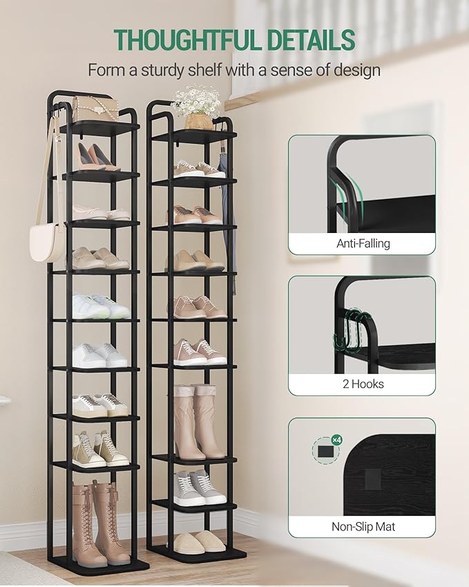 Vertical Shoe Rack, Shoe Shelves, Wood Shoe Organizer for Closet, Entryway, Shoe Tower for Small Spaces, Free Standing, Adjustable, with 2 Hooks, 10 Tier Black SR11204B-NeatNest