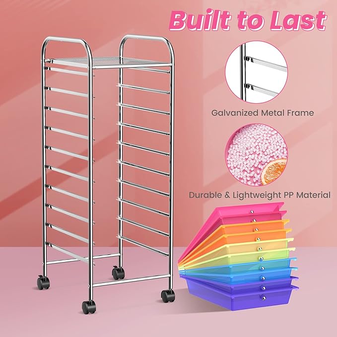 COSTWAY 10-Drawer Rolling Storage Cart, Utility Mobile Trolley with Removable Drawers & Universal Casters & 2 Brakes, Versatile Flexible Drawer Organizer Cart for Home, Office (Rainbow)-NeatNest